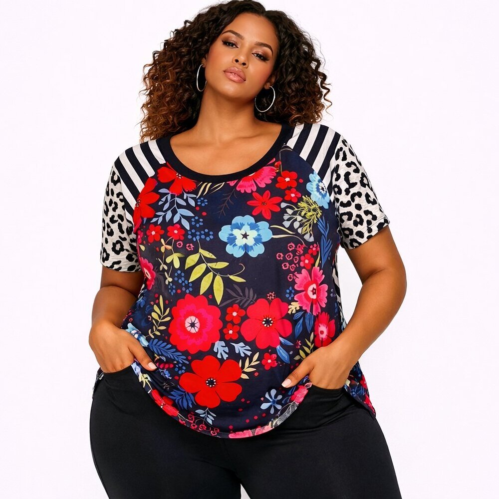 Miss Look Floral Stripe Leopard Print Raglan Tee Shirt Size 3XL